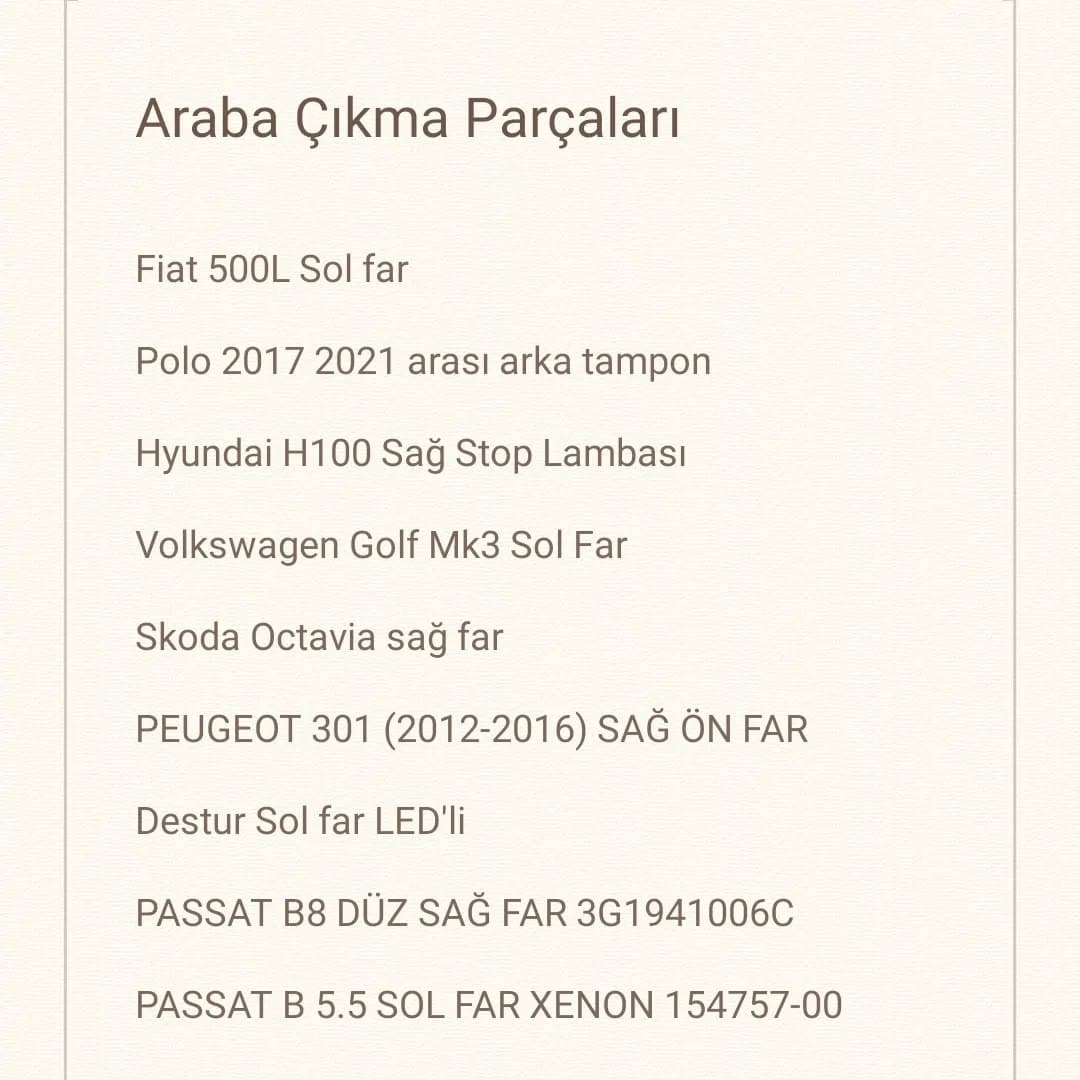 Egea Passat Skoda Çıkma Parça Listesi